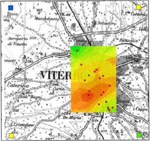 carta della biodiversità di Viterbo relativa al 2009 elaborata con dieci classi cromatiche per evidenziare le sottili differenze nei valori di biodiversità lichenica (BL; i punti rossi rappresentano le stazioni di rilevamento)
